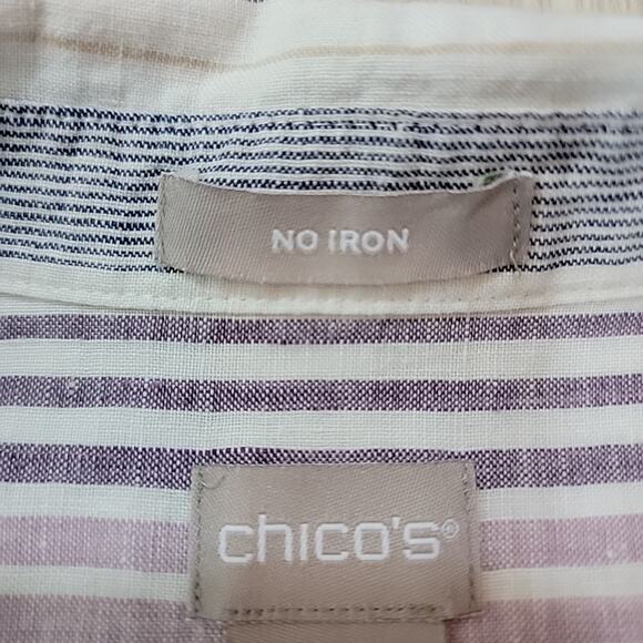 Chicos Linen Top Womens 2 White Pin Stripes Button Down No Iron Coastal Nautical - Picture 7 of 12